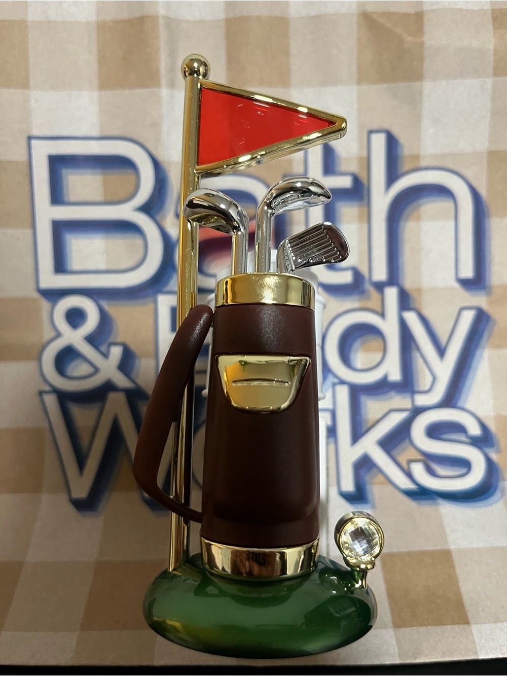 Bath & Body Works Brown & Gold Golf Bag Figurine wallflower with Red Flag